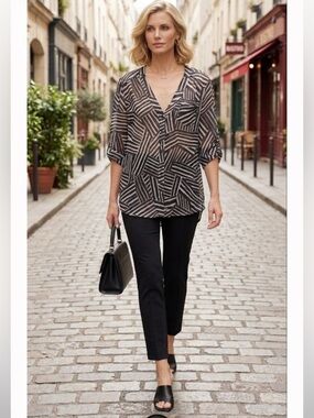 Sandro Graphic Sheer Neutral Loose Blouse V Neck Tab Sleeves Tunic Lightweight S